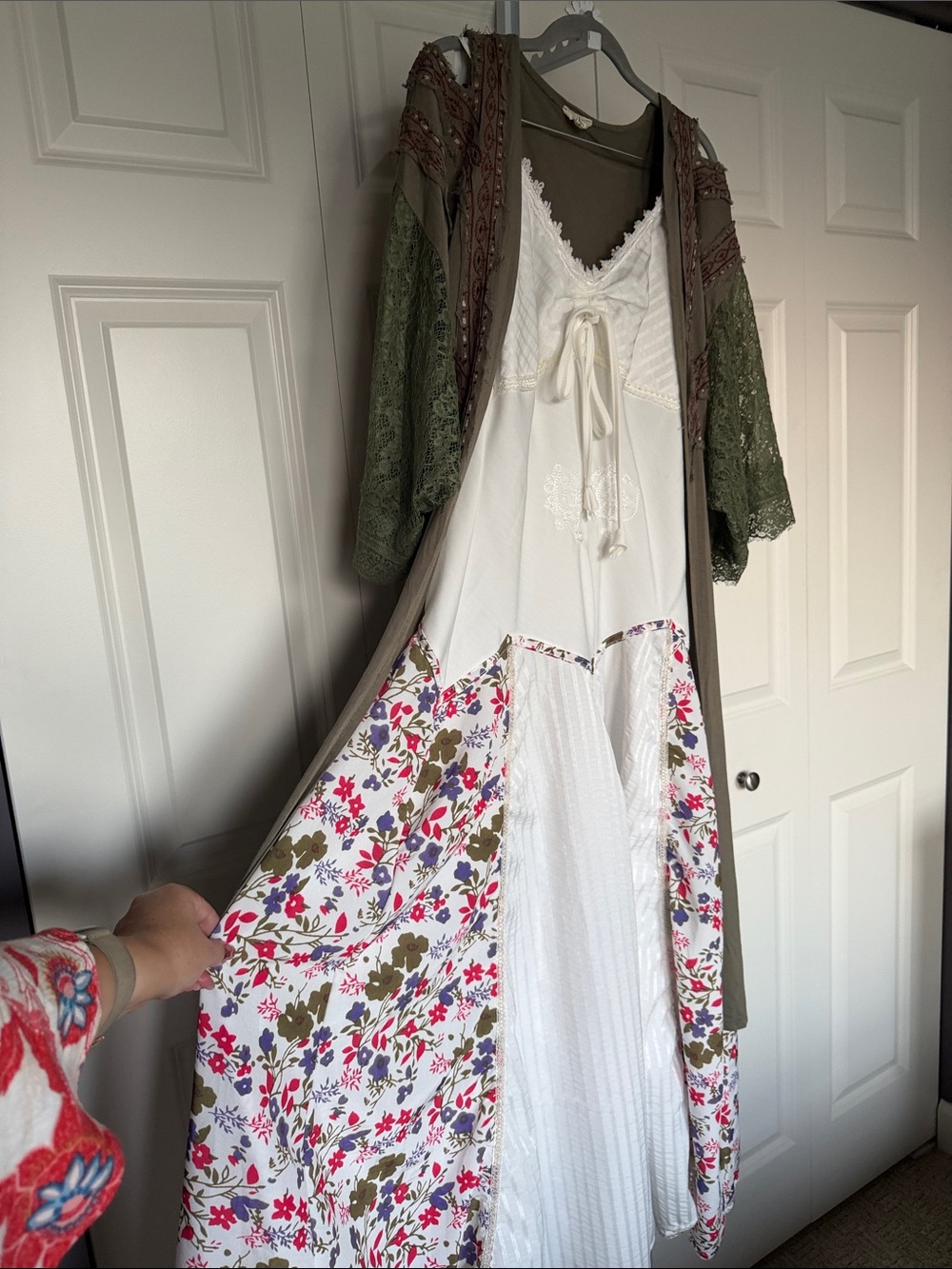 Boho White Floral Panel Maxi Dress with POL Olive Cardigan (see separate listing